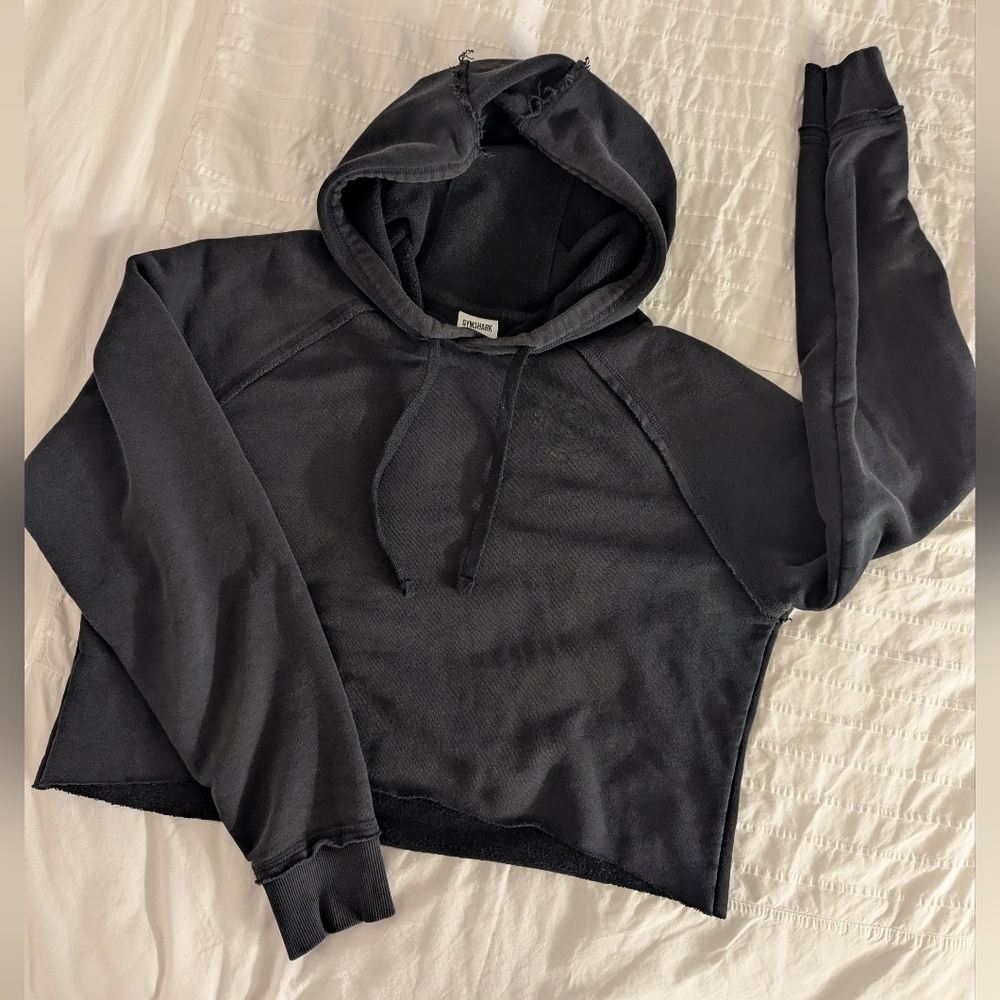 Gymshark Cropped Cotton Blend Hoodie - Raw Edge Hem - Raglan Sleeves - Picture 1 of 9